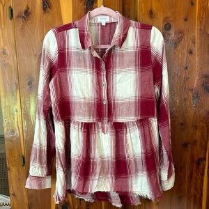 True Craft, junior girls M, button up, long sleeve top. Wine and cream plaid.